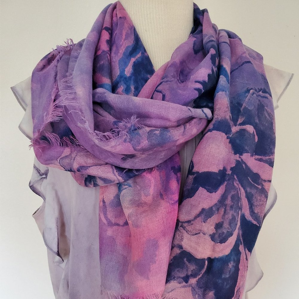 NEW‎ soft silk cashmere Wrap large Scarf floral dyed pink purple navy blue grey
